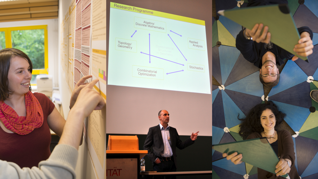 Doktorandin diskutiert vor einem Vortragsposter; Institutsdirektor präsentiert Forschungsschwerpunkte; Studierende mit Teilen einer Penroseparkettierung