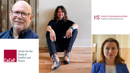 Profilbilder der drei Gastlehrenden: v.l.n.r.: Steiner, Anderson, Havrylyuk. Zudem sind die Logos des IfS und des CeCoP zu sehen.