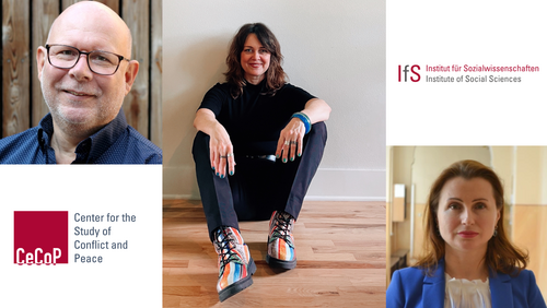 Profile pictures of the three guest lecturers: from left to right: Steiner, Anderson, Havrylyuk. The logos of the IfS and CeCoP are also visible.