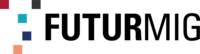 Das Projektlogo besteht aus einer Grafik und einem Schriftzug. Die Grafik befindet sich links und besteht aus fünf bunten Quadraten, die die geographischen Standorte der fünf beteiligten Einrichtungen widerspiegeln. Rechts daneben steht der Projekttitel Futurmig in fettgeschriebenen Großbuchstaben