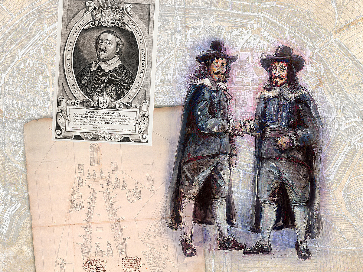 Collage mit zwei Männern in altertümlicher Kleidung, einem Portrait und der Skizze eines altertümliches Saals im Vordergrund und eine historische Stadtkarte im Hintergrund