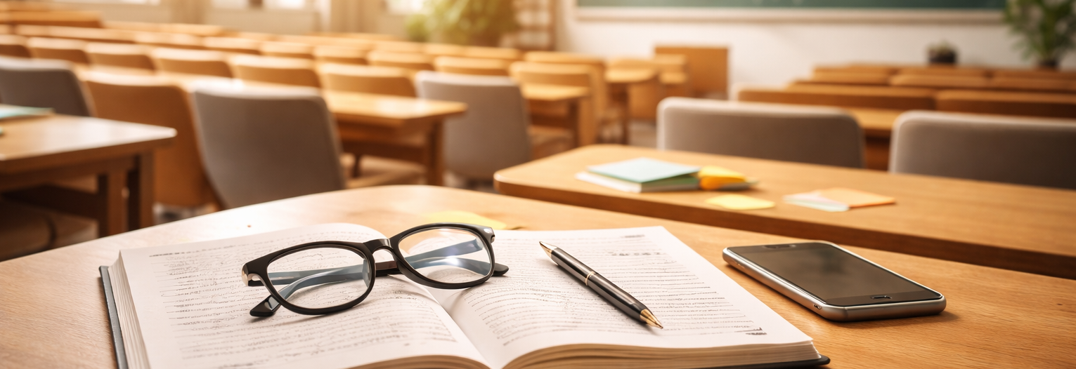 Notizbuch mit Brille in einem sonnigen H&ouml;rsaal.