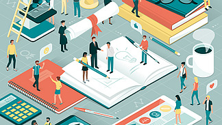 Eine bunte Grafik Personen auf B&uuml;cher und Zetteln, die miteinander reden