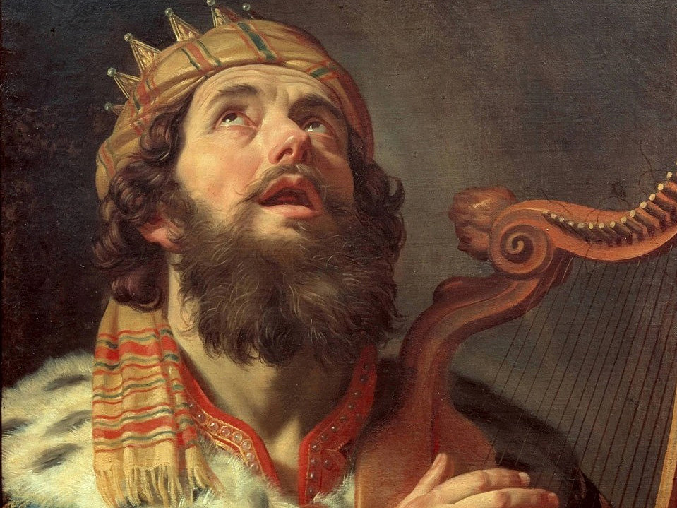 Ein Gem&auml;lde von einem Mann mit Krone und Leier.