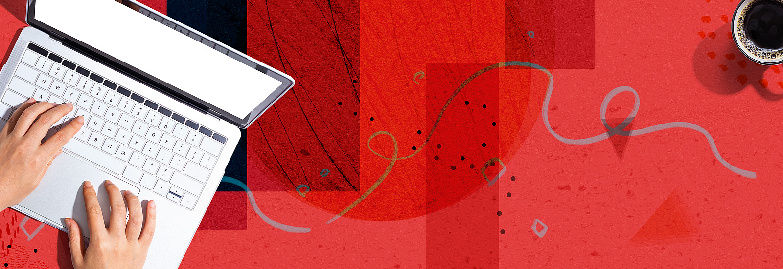 rotes Headerbild mit wei&szlig;em Laptop und Kaffeetasse