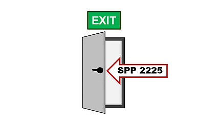 Grafische Darstellung einer offenen T&uuml;r, auf die ein Pfeil zeigt, in dem "SPP 2225" steht. &Uuml;ber der T&uuml;r steht vor gr&uuml;nem Hintergrund in wei&szlig;en Buchstaben das Wort "EXIT". 