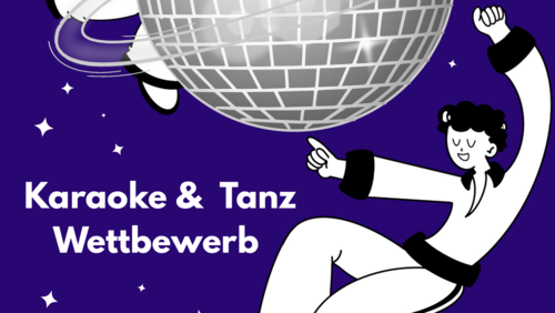 Illustration mit einer Weltkugel und zwei darum herum tanzenden und singenden Figuren