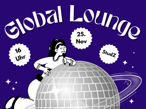 Illustration mit einer Weltkugel und zwei darum herum tanzenden und singenden Figuren