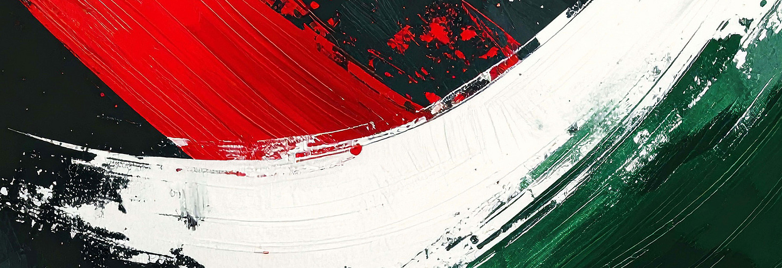 Three bold brushstrokes in the colors red, white and green, curving across a dark canvas