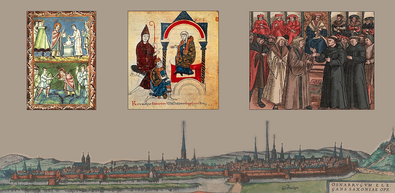 Hintergrund eine historische Stadtansicht von Osnabr&uuml;ck: oben links: Szenen aus dem Leben des Bonifatius. Heidentaufe und M&auml;rtyrertod, in: Fuldaer Sakramentar (Anfang 11. Jh.), Staatsbibliothek Bamberg, Msc.Lit.1, fol. 126v, Wikimedia Commons, gemeinfrei; oben Mitte: Hugo von Cluny, Heinrich IV und Mathilde von Tuszien,