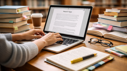 Laptop mit offener Hausarbeit in einer Bibliothek