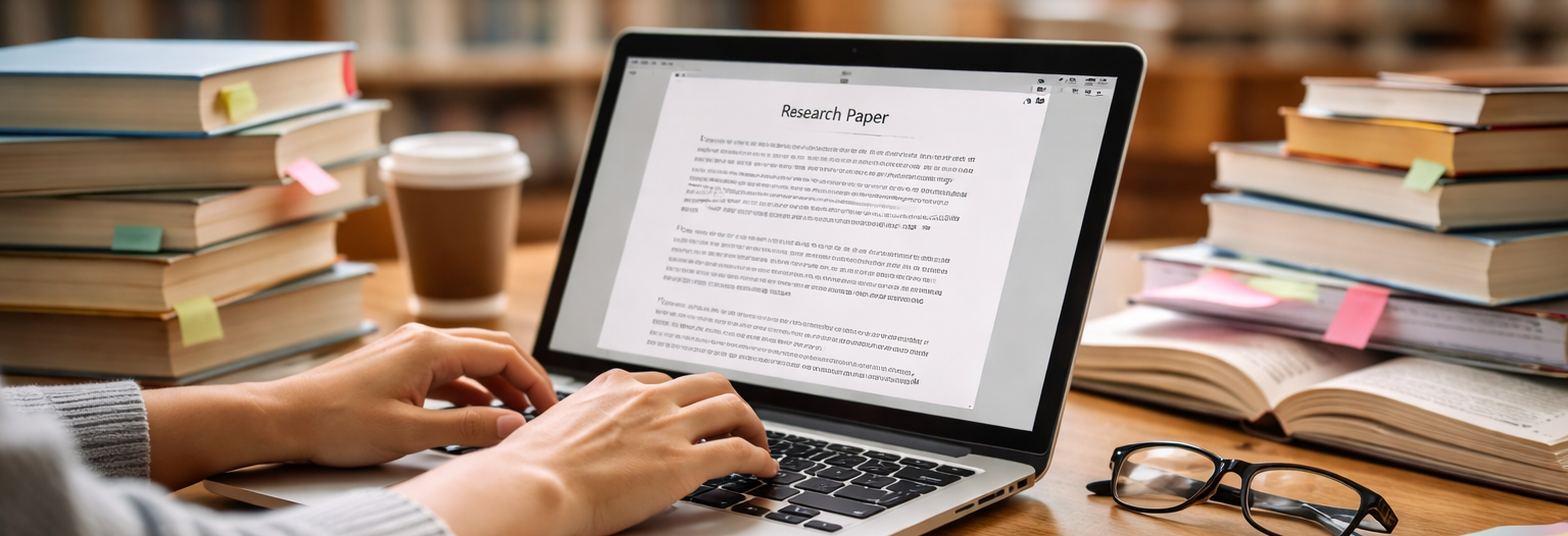 Laptop mit offener Hausarbeit in einer Bibliothek