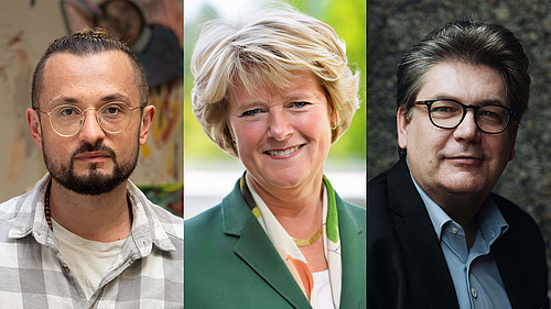 The picture shows three individual portraits in bust format, arranged next to each other: On the left: A man with a man-bun, full beard and round gold glasses, in the middle a woman with short blonde hair and on the right a man in a suit with black horn-rimmed glasses.