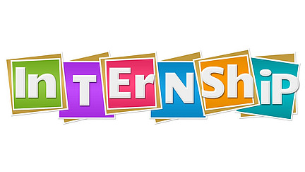 The word ‘Internship’ is written in white letters against a background of colourful squares.