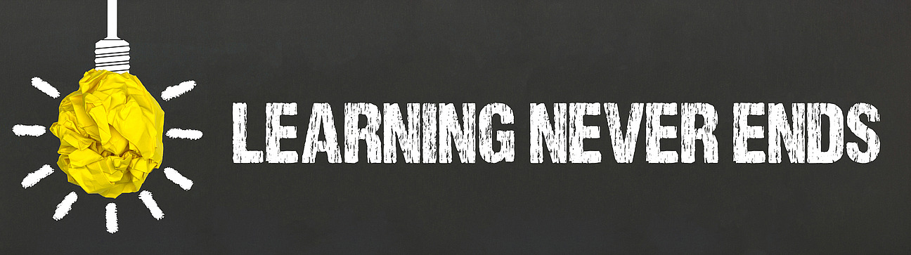 Gelbe Gl&uuml;hbirne aus Papier vor dunklem Hintergrund, gefolgt vom Schriftzug "Learning never ends"