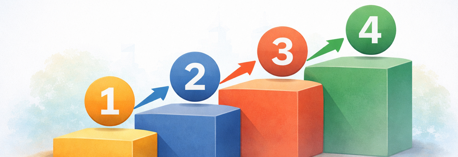 Illustration mit der &Uuml;berschrift &bdquo;4 Schritte +&ldquo;. Darunter ist eine farbige Treppe mit vier ansteigenden Stufen dargestellt, die mit den Zahlen eins bis vier markiert sind. Pfeile verbinden die einzelnen Stufen miteinander. 