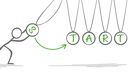 A stick figure and letters on circles that form the word ‘START’.