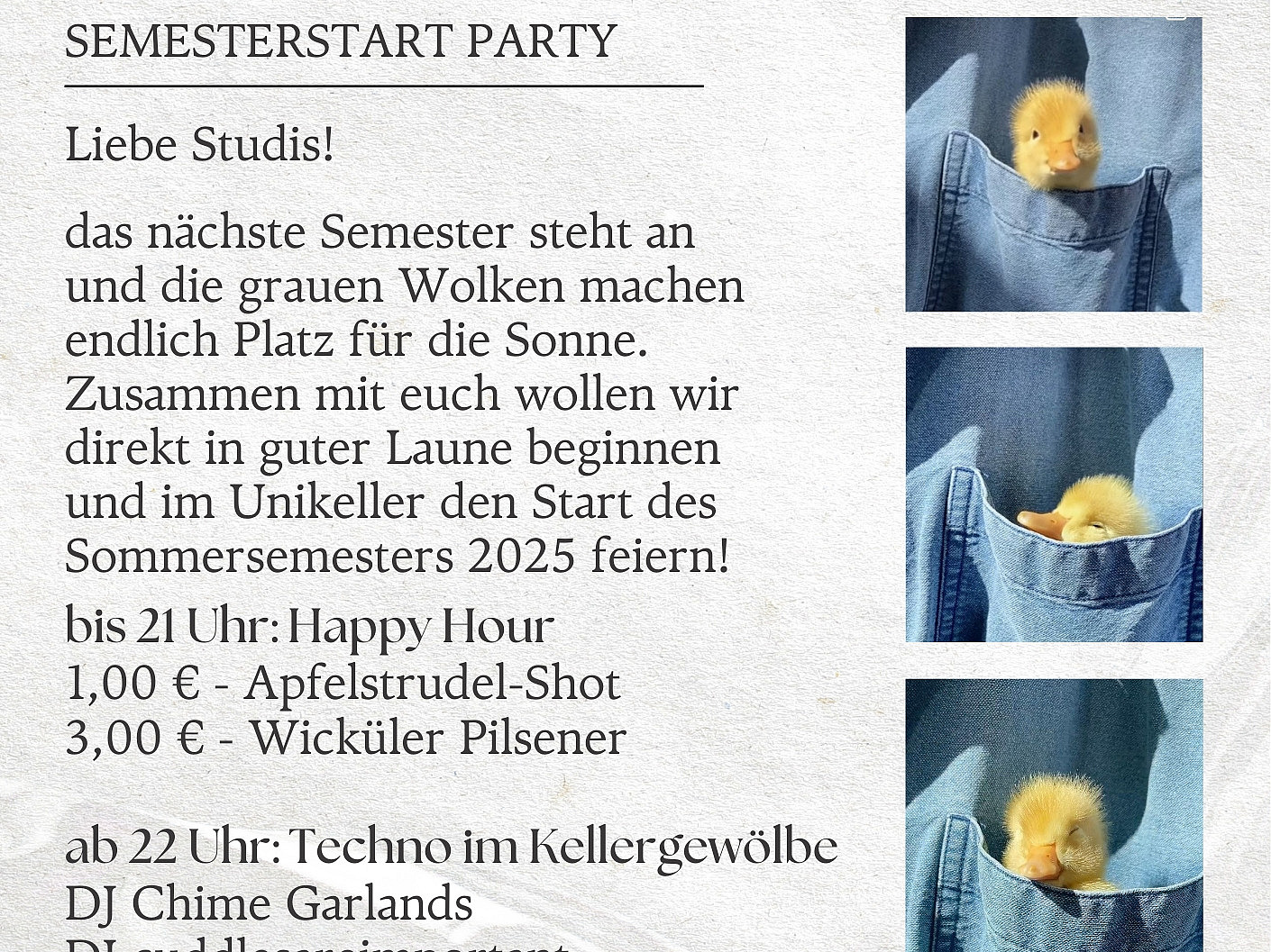 Infoplakat für die Semesterstart Party der Fachsachaft Sozialwissenschaften am 16. April 2025 ab 20 Uhr im Unikeller Osnabrück.