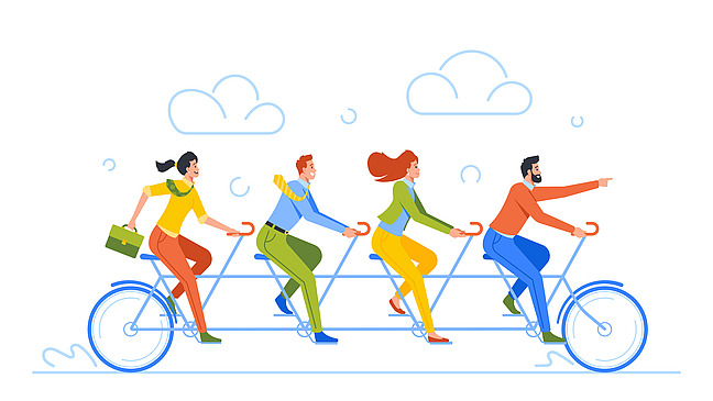Illustration with four people riding on a tandem