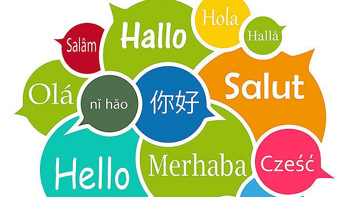 Speech bubbles with "Hello" in different languages.