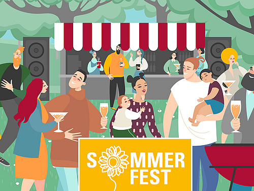 Bunte Grafik mit vielen verschiedenen Personen, die draußen ein Fest feiern