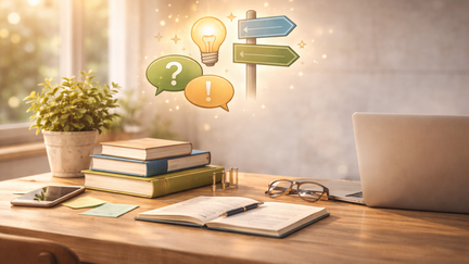 Symbolbild zur Studienberatung: Auf einem Schreibtisch liegen B&uuml;cher, Laptop, Notizbuch, Smartphone und Brille; dar&uuml;ber schweben grafische Symbole wie Sprechblasen, Gl&uuml;hbirne und Wegweiser als Zeichen f&uuml;r Orientierung und Beratung im Studium.