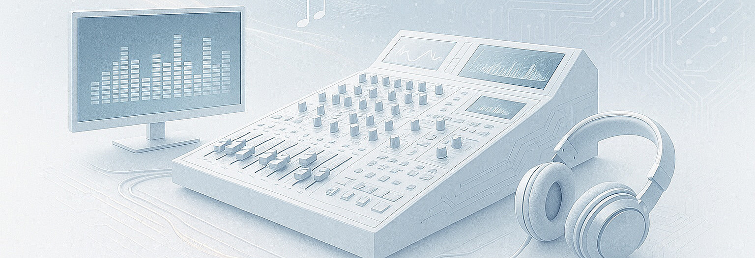 Ein futuristisches Studio-Setup mit Mischpult, Bildschirm und Kopfhörern in kühlen, digitalen Farbtönen.