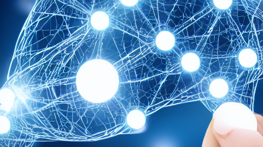 Wei&szlig;e unterschiedlich gro&szlig;e Punkte sind durch viele d&uuml;nne Linien miteinander verbunden. Der Hintergrund ist dunkel. Einer der wei&szlig;en Punkte wird von Daumen und Zeigefinger gehalten.