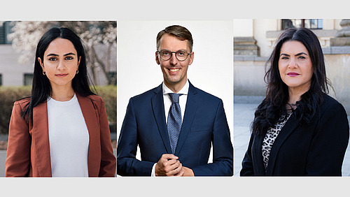 The picture shows a professional portrait of three people who probably work in a business environment.