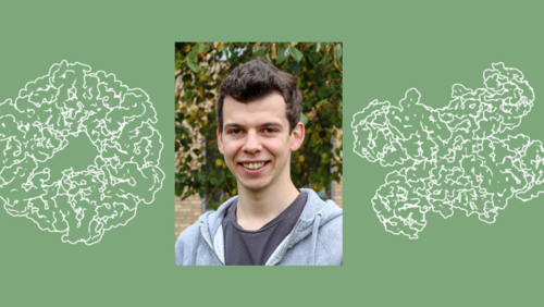 White molecular structures on a green background and a portrait of Dmitry Shvarev