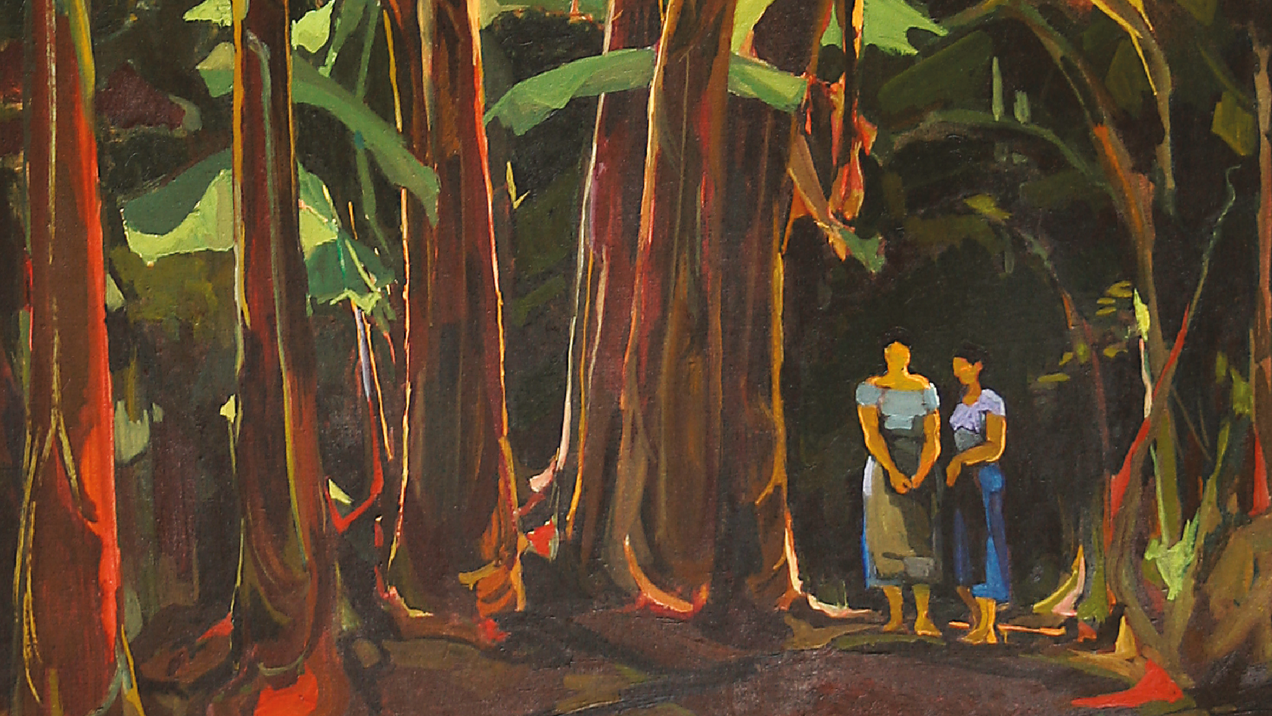 A lush, tropical scene with banana trees and two people in the distance