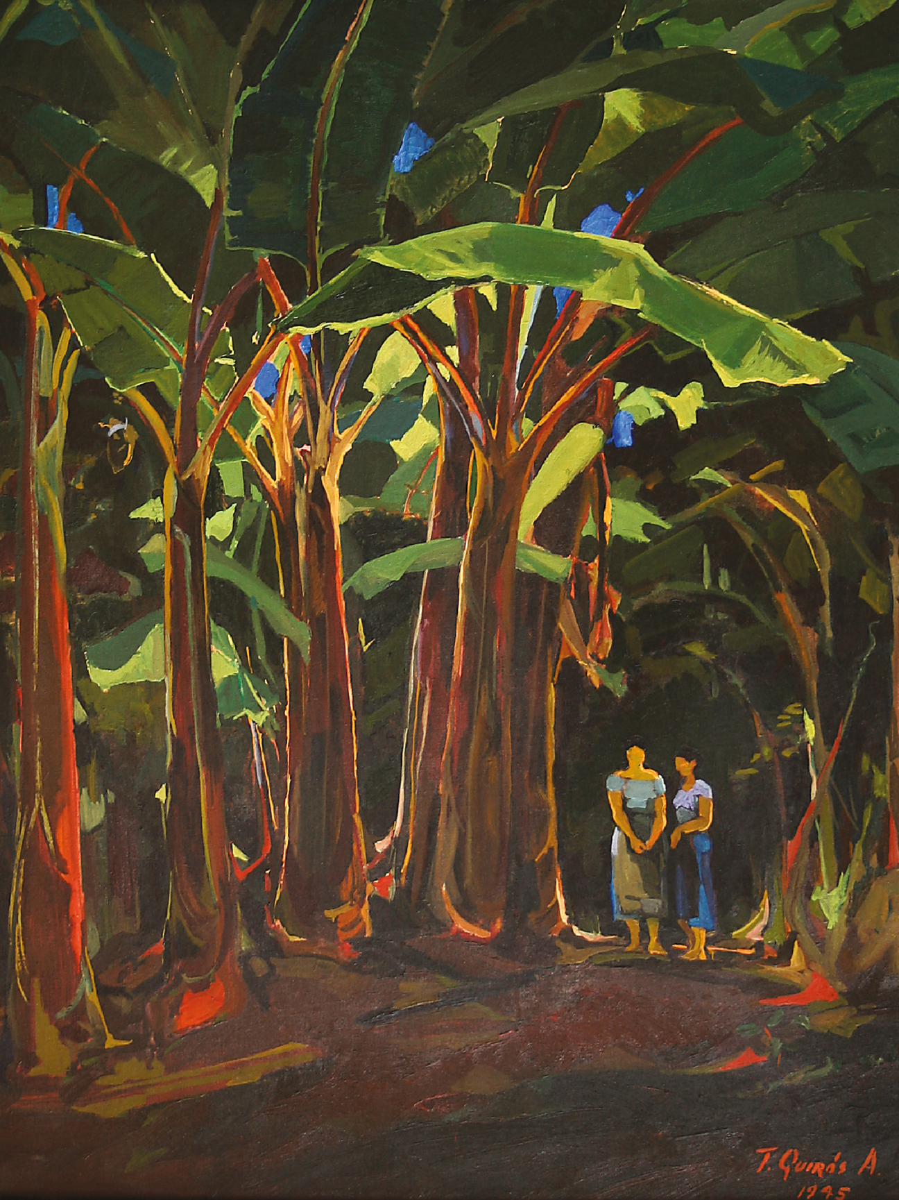 A lush, tropical scene with banana trees and two people in the distance