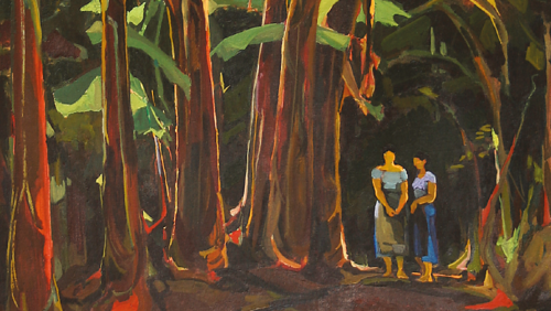 A lush, tropical scene with banana trees and two people in the distance