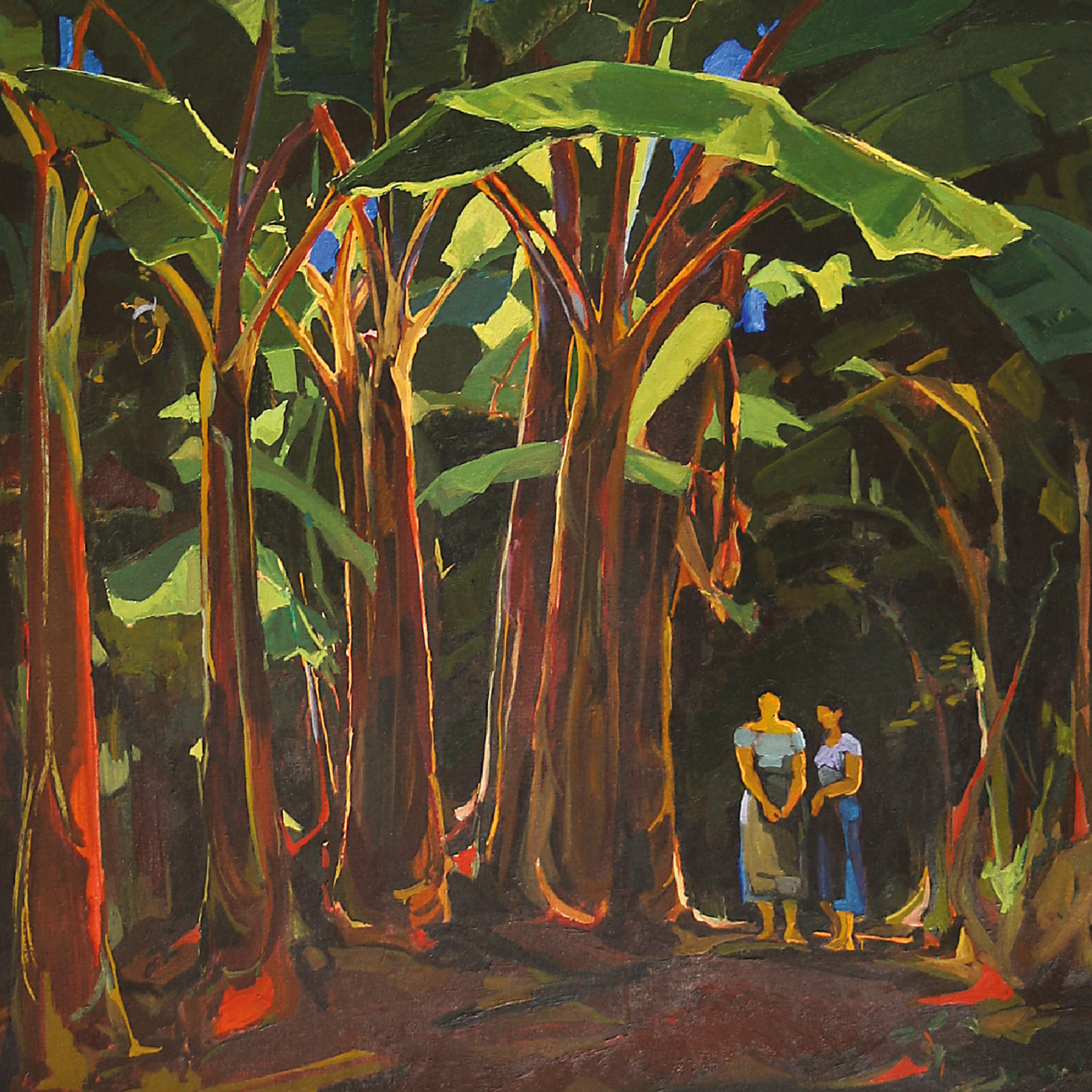 Eine üppige, tropische Szene mit Bananenstauden und zwei Personen in der Ferne 