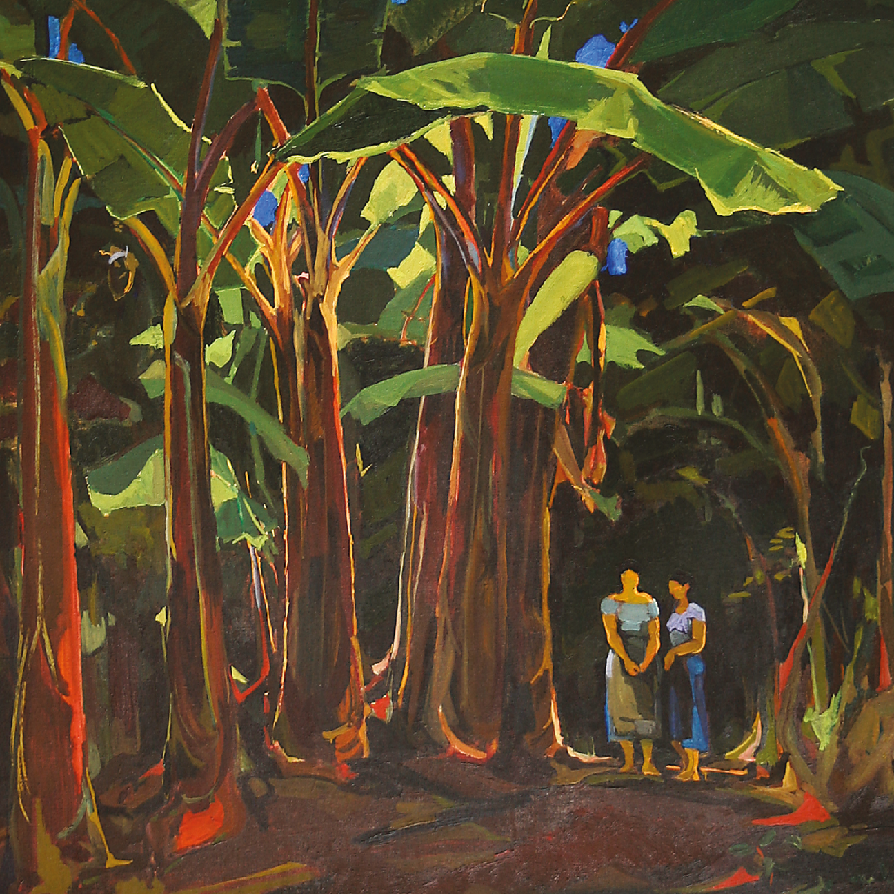 A lush, tropical scene with banana trees and two people in the distance