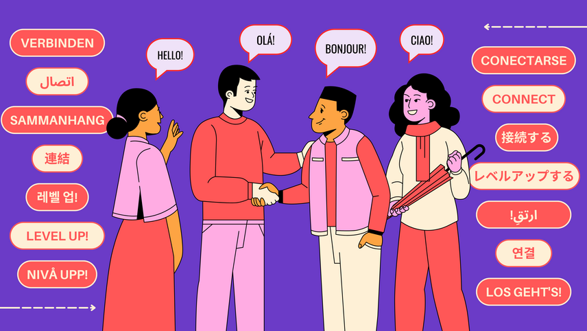 Alt‑text: Illustration of several people from different countries chatting, with speech bubbles that read “connect” and “level up!” in Spanish, English, German, Korean, Chinese, Swedish and Arabic – visualising the event’s diverse, welcoming communication.