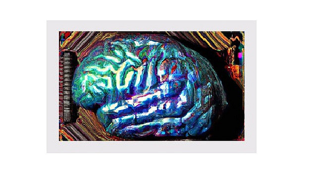 Eine künstlerisch-bunte Darstellung eines Gehirns; An artistically colorful depiction of a brain.