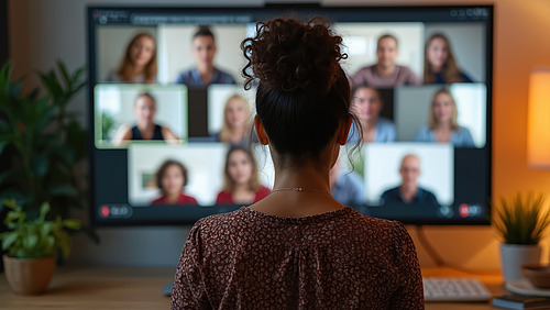 Frau sitzt im Home-Office vor Laptop und nimmt an einer Videokonferenz teil; auf dem Bildschirm sind mehrere Kollegen zu sehen, am Schreibtisch liegen Notizblock und Kaffeetasse.