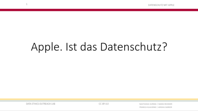Presentation slide titled 'Apple. Is that data protection?' from Data Ethics Outreach Lab