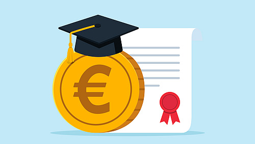 Illustration mit Eurozeichen, Doktorhut und Abschlusszeugnis