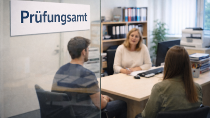 Blick durch eine Glasscheibe in ein B&uuml;ro des Pr&uuml;fungsamts. Eine Mitarbeiterin sitzt an einem Schreibtisch und spricht mit zwei Studierenden, die ihr gegen&uuml;ber sitzen. Auf der Glasscheibe ist ein Schild mit der Aufschrift &bdquo;Pr&uuml;fungsamt&ldquo; angebracht.