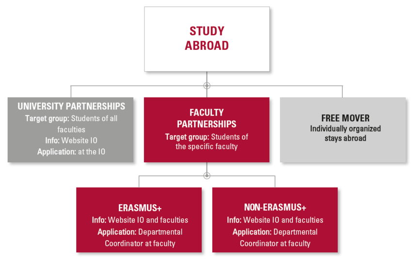 The infographic shows the different ways of studying abroad. There are the options university partnerships for students of all departments, department partnerships for students of the respective departments with the subdivision into Erasmus+ and non-Erasmus+ stays, individually organized stays. In addition, there is the foreign language assistance for students of all departments and an internship abroad for students of all departments.