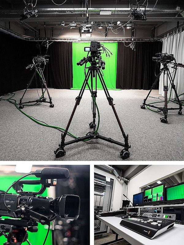 Es handelt sich um eine Collage des Videostudios 1 (15/125). Zu sehen sind im ersten Bild ob eine Totale von mehreren Kameras und das komplette Studio. Im zweiten Bild links unten ist eine Kamera in der Nahaufnahme zu sehen. Rechts unten im dritten Bild ist der Schnittraum zu sehen, in dem die Videos von Mitarbeitenden des virtUOS bearbeitet werden.