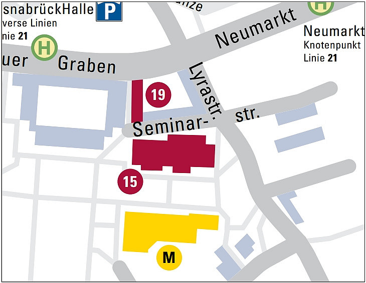 Map of Osnabr&uuml;ck University focused on Building15 and 19