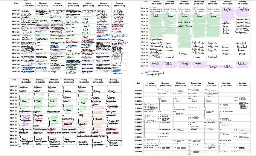 Tabelle zum Zeitbudget von vier Sch&uuml;lerinnen der Oberstufe. Montag bis Sonntag, bzw. 6:00 - 23:00