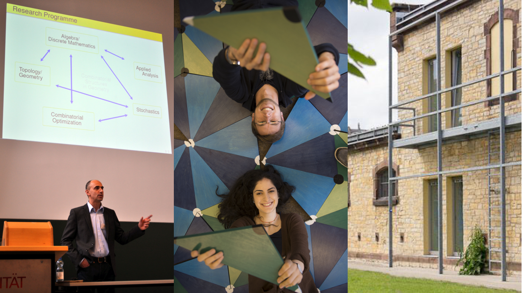 Institutsdirektor präsentiert Forschungsschwerpunkte; Studierende mit Teilen einer Penroseparkettierung; Gebäude der Systemwissenschaft