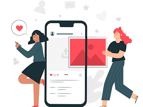 Two drawn girls next to a drawn cell phone.