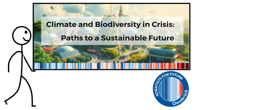 S4F field trip symbolic image: A stylized walking person carries  a blackboard. It reads: Climate and biodiversity in crisis: paths to a sustainable future. A green city can be seen behind the lettering. Large solar panels are visible in front of some buildings. There are no cars on the streets. A hot-air balloon floats in the blue sky on the left. At the bottom of the panel are the Warming Stripes. At the bottom right is the logo of Scientists for Future Osnabrück.