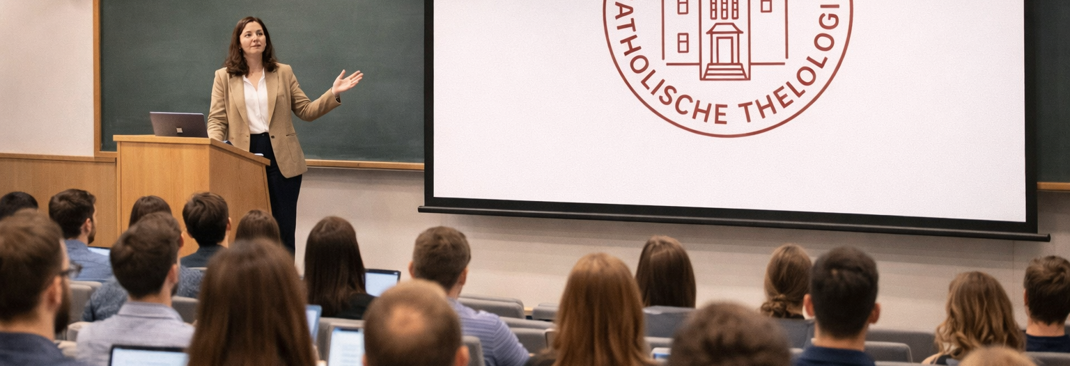 Eine Dozentin steht vorne in einem modernen H&ouml;rsaal an einem Pult und spricht zu einer voll besetzten Studierendengruppe. Auf einer Projektionsleinwand neben ihr ist das Logo des Instituts f&uuml;r Katholische Theologie zu sehen. Viele Studierende sitzen mit ge&ouml;ffneten Laptops in ansteigenden Sitzreihen.