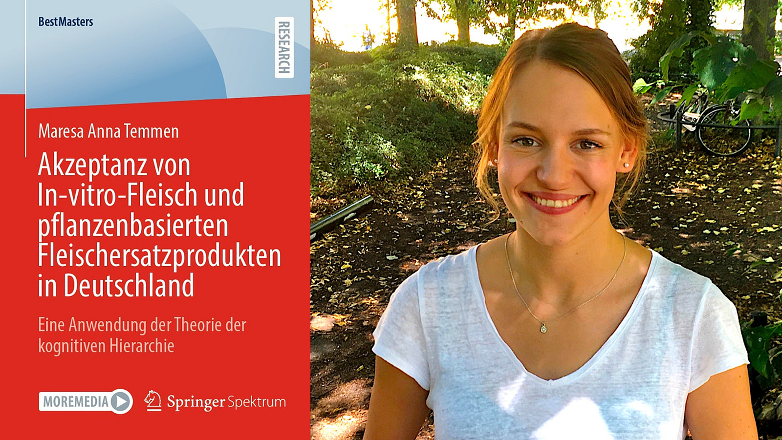 Ein Buchcover auf dem steht "Akzeptanz von In-vitro-Fleisch und pflanzenbasierten Fleischersatzprodukten in Deutschland", daneben ein Portrait einer l&auml;chelnden Frau